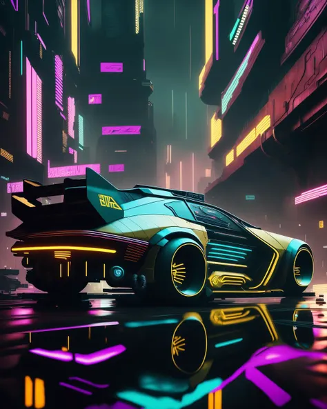 High quality photo of a scene of city racing, the car is from Cyberpunk 2077 videogame , reflections,  Night City in background , professional photography, futuristic lighting, concept space-car, award winning photograp, magazine photography, wide angle photography, racing shot, perspective view, high definition, cyberpunk2077,  cyberpunk