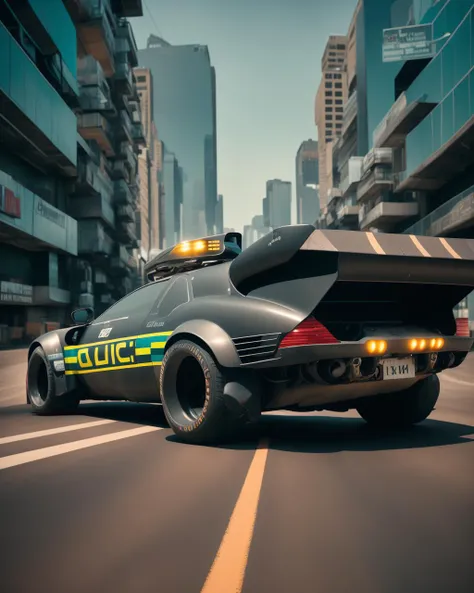 a police car with a large tire parked on the side of the road in a city , award winning photography, magazine photography, wide angle photography, racing shot, perspective view, high definition
