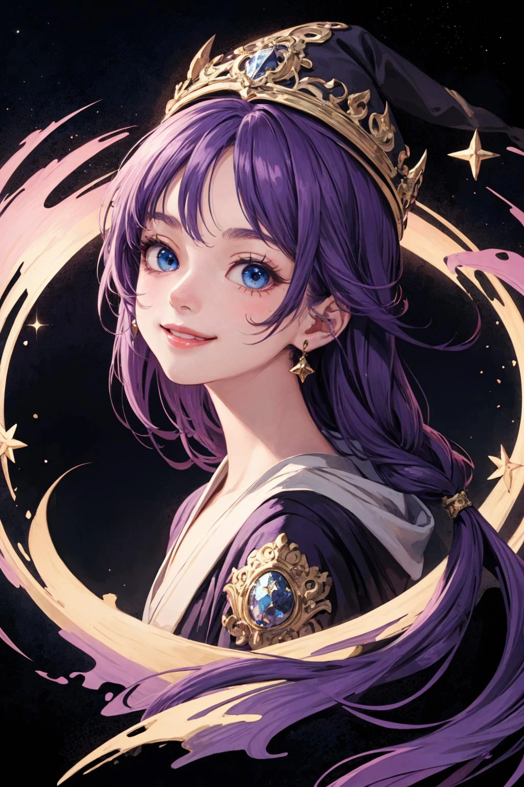 masterpiece, best quality, 1girl, medium purple hair, blue eyes, portrait, smile, long ornate robe, wizard hat, starry backround