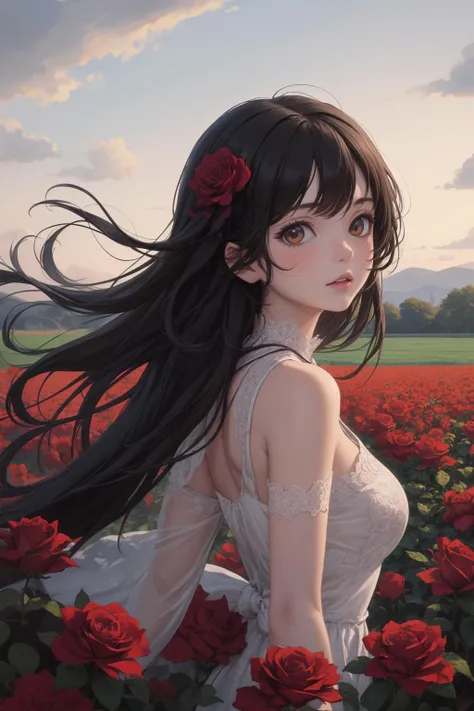 masterpiece, best quality, (1girl:1.2), rose field, from side,( looking at viewer:1.1),