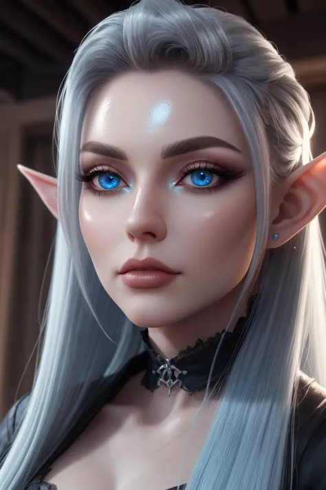 ((best quality)), ((masterpiece)), CGI, (3d render:1.3), RTX on, beautiful features, 8k, subsurface scattering, specular light, highres, octane render, ray traced, highest quality, stunning, extreme high quality, (portrait) of a very attractive adult elf woman, elf ears, ((blue eyes)), (glossy skin:1.2), shiny skin, (pores), white hair, high ponytail, realistic eyes, realistic eye pupils, goth, goth make up, gothic, perfect lips, lip filler, heavy make up, (((looking at viewer)))