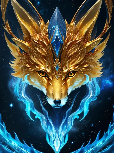 masterpiece, intricated details, fantasy, (golden fox:1.3), ice elemental, magic, luminescence of space theme, stardust, space, nebula, ice aura, blue fire, blue flame, symmetry,