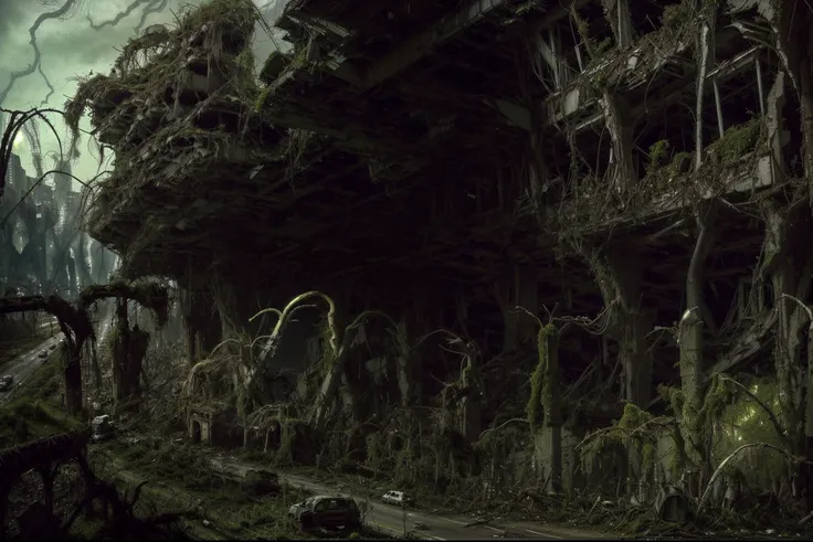 dystopia haze, spirits within, (dust cloud:0.9), (post apocalyptic:1.1), overgrowth, melancholy, vines, tangled roots, (will-o-the-wisp:1.5), pollen, spores, debris, (ruins:1.2), (crumbling buildings:1.5), (highway:1.5)