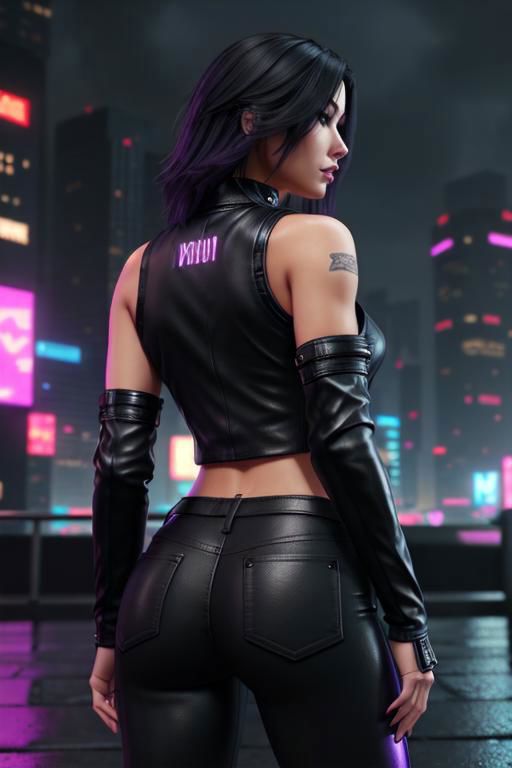 A woman in leather clothes standing in front of a city at night - SeaArt AI