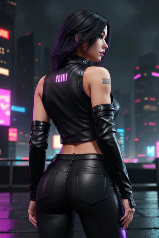 (score_9, score_8_up, score_7_up, score_6_up, score_5_up, score_4_up, realistic style, photo, photorealistic, high detail, sharp), cyberpunk style photo, beautiful cyberpunk girl, multi-colored tousled hair, slender figure, magnificent breasts, round ass, leather vest with metal inserts, black gloves, short leather shorts, metal exoskeleton, night lighting, ((against the background of the night city)), Night City, (looking at the viewer), (beautiful detailed face, detailed skin texture, ultra-detailed body: 1.1), tag1, tag2