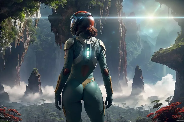 masterpiece, top quality, back angle, very detailed photo (Female space soldier in orange and white spacesuit, helmet, with tinted face protection, rebreather, emphasized butt), athletic body, big ass, [wide hips], (exploring a strange glowing alien artifact), About an alien exoplanet, (Mountains:1.1), (Exotic rainforest), Lush bright foliage, (two moons in the sky:0.8), (Hyper detailed, confusingly detailed), Jessica Rossier background, (Science fiction), During the day, (Lens flare:0.5), (blossom:0.6), particle effects, (cinematic lighting:1.1), sharp shadows, ambient light, [bioluminescent], ray tracing, Shot on a Fujifilm X-S10 mirrorless camera., 25 мм F2.8 ultra wide angle lenses, sharp focus, movie studio 800t, still from the 2013 film “Gravity”, 8 k, HDR, behind