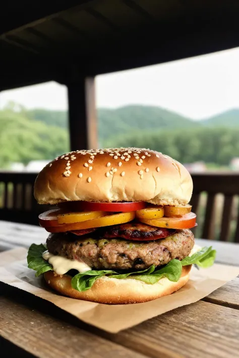 Artistic photo of a hamburger, juicy patty, sesame seed bun, mouthwatering bite, close-up shot, rustic wooden table, natural sunlight, Canon EOS R5, in the style of Gordon Parks