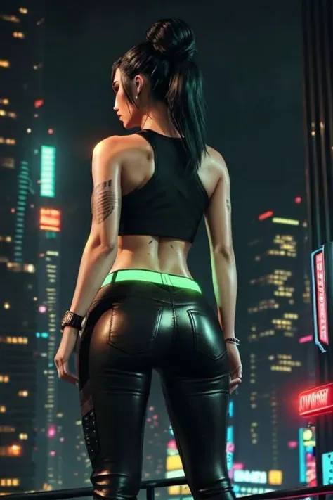 black haired woman with green ends, black tank top, black fingernails, tight pants, high heels, cyberpunk city, night city, night, rain, neons, detailed buildings, detailed background, beauty, 4k, streets of night city, street shot