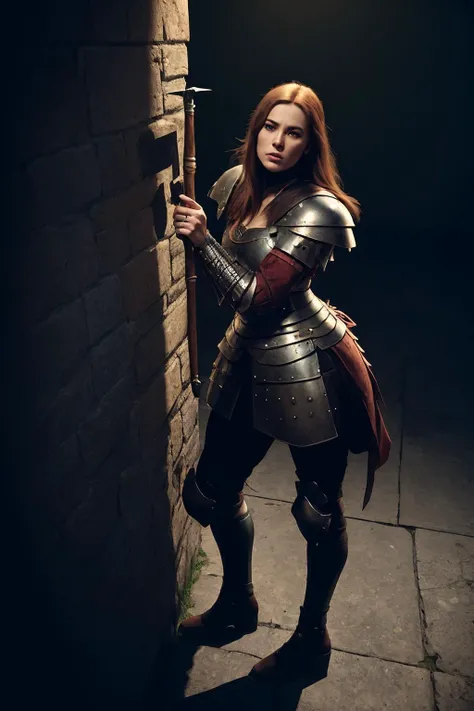 Saxon Warrior - A fierce Germanic warrior with a distinctive round shield and a long spear. By jeremy mann, by sandra chevrier, by maciej kuciara, sharp, (perfect, body:1.1), realistic, real shadow, 3d, (dark castle background:1.2), (by Michelangelo), (profesional lights:1.3) (profesional photography:1.3), camera angle from above and portrait ,, concept art of medieval rpg character,leaning against a wall with one hand on chin