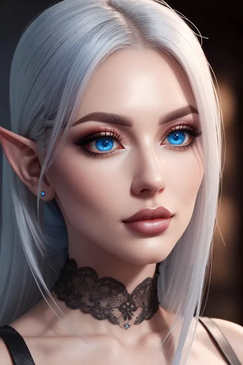 ((best quality)), ((masterpiece)), CGI, (3d render:1.3), RTX on, beautiful features, 8k, subsurface scattering, specular light, highres, octane render, ray traced, highest quality, stunning, extreme high quality, (face close up), face close up of a very attractive adult elf woman, elf ears, ((blue eyes)), (glossy skin:1.2), shiny skin, (pores), white hair, high ponytail, realistic eyes, realistic eye pupils, goth, goth make up, gothic, perfect lips, lip filler, heavy make up