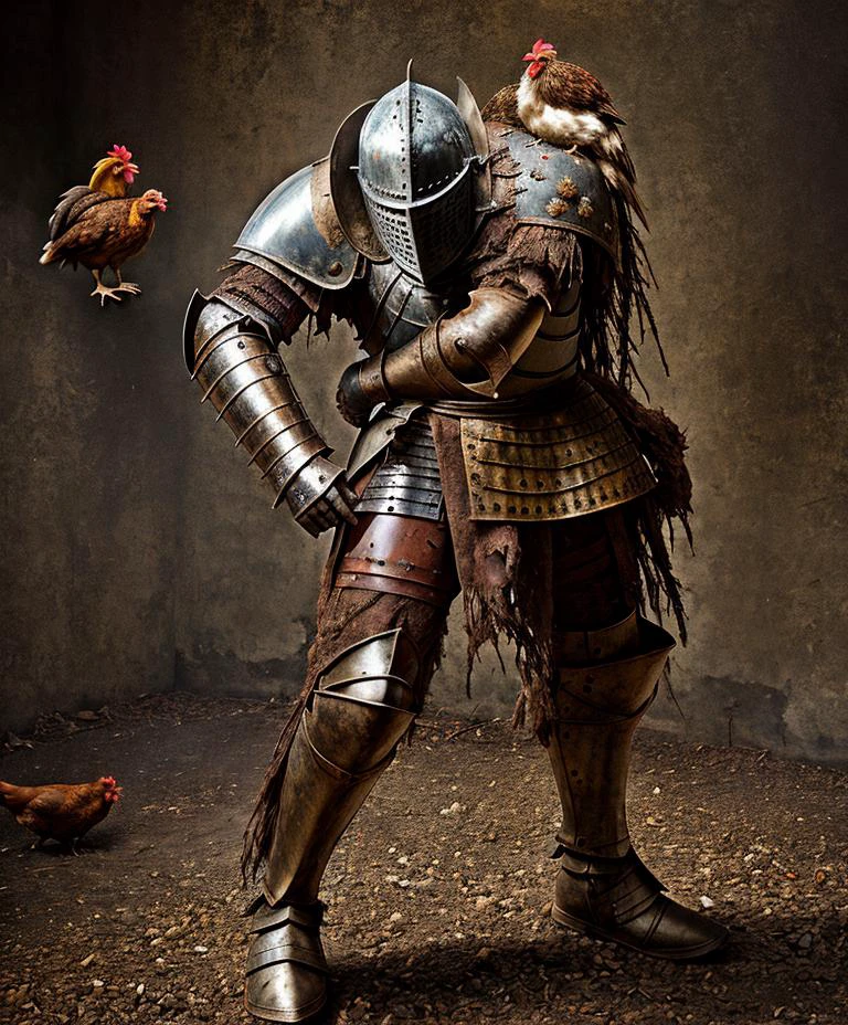 artistic photograph of decrepit knight in a rusty armor fighting a chicken, grotesque, (full body shot), (centered), high resolution, hyperdetailed, insane details, soft lighting, film grain, dada style