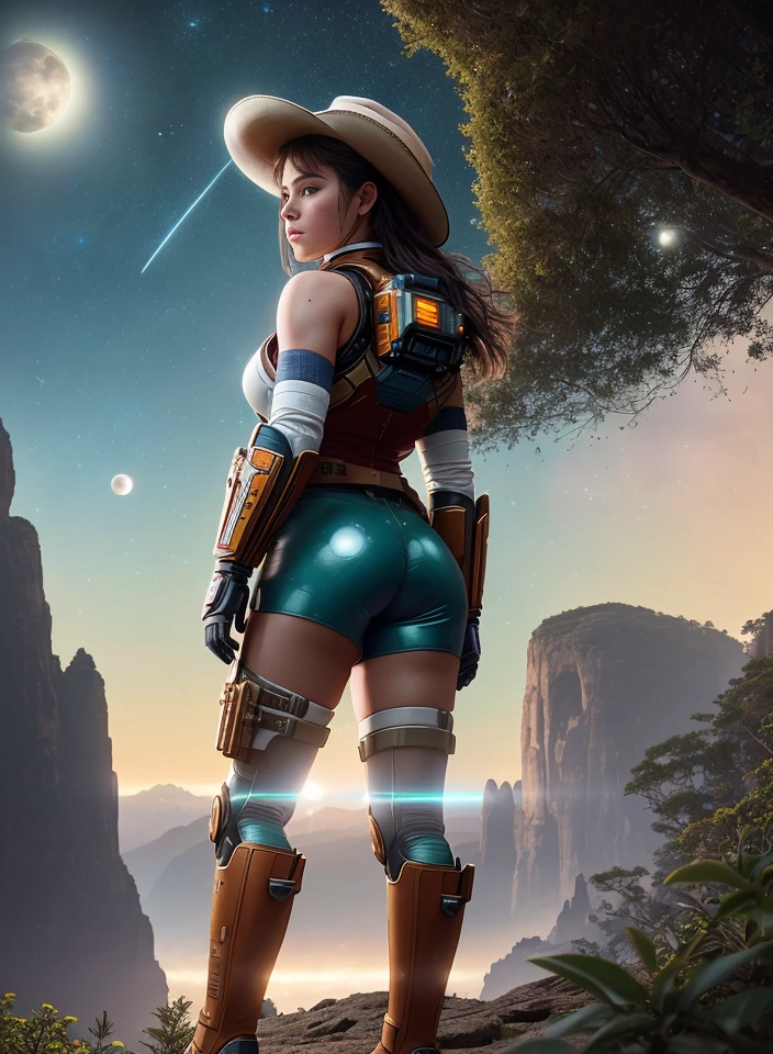 analog style, (bldrnrst:1.1), Highly detailed RAW color photo, rear angle, ([cyborg|female] space outlaw, wearing white latex booty shorts, [Cyberpunk|Dieselpunk] red vest armor, accentuated booty), (wearing cowboy hat), (detailed skin), textured, vivid details, (standing on Brink of tall mountain, overlooking grand and imposing tropical rainforest, on alien planet), establishing shot, (sci-fi), (mountains:1.1), (lush green vegetation), HDR, (vivid colors:0.7), (Two moons and majestic galaxy illuminating the night sky), [fantasy:scifi:16] _\(setting/), (lens flare:0.7), (bloom:0.7), particle effects, beautiful light, shallow depth of field, photographed on a Canon EOS R5, 50mm wide angle lens, F/2.8 aperture, sharp focus, photorealistic, (hyperdetailed, intricately detailed), 8k, absurdres, film still from [gravity2013|westworld]