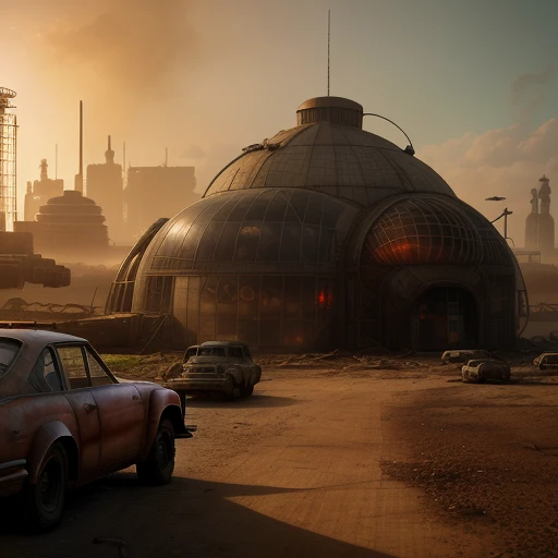 High Detail RAW color cinematic film still photography of a (post-apocalyptic:1.3) wasteland landscape with a city inside a dome which is a (Atompunk:1.3) Dystopian [sci-fi] 1950s American suburb, (highly detailed, fine details, intricate), photographed on a Sony a9 II, 70mm lens, F2.8, hard focus, smooth, Fallout, The Outer Worlds, cinematic film still from Blade Runner 2049, mad max fury road, biodome, jestsons, futurama, and Red Dwarf. retrofuturism, giant glass dome, futuristic building, high res, beeple, retro futuristic, Raygun Gothic, Googie
