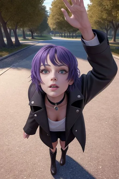 Shot from below looking up, professional photo, photorealistic, best quality, masterpiece, official art, perfect face, beautiful, extremely detailed CG unity 8k wallpaper, girl in the middle of an empty park, short hair, dark purple hair, black long coat, short boots, choker