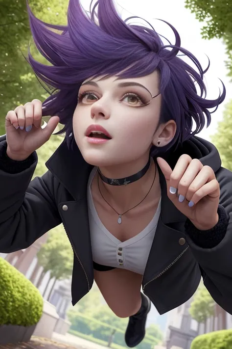 Shot from below looking up, professional photo, photorealistic, best quality, masterpiece, official art, perfect face, beautiful, extremely detailed CG unity 8k wallpaper, girl in the middle of an empty park, short hair, dark purple hair, black long coat, short boots, choker