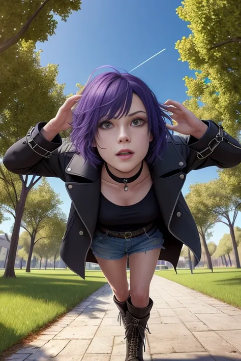 Shot from below looking up, professional photo, photorealistic, best quality, masterpiece, official art, perfect face, beautiful, extremely detailed CG unity 8k wallpaper, girl in the middle of an empty park, short hair, dark purple hair, black long coat, short boots, choker