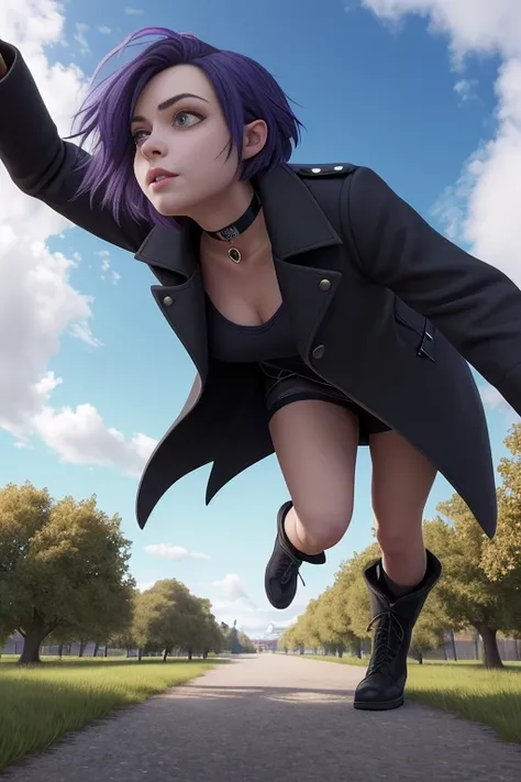 Shot from below looking up, professional photo, photorealistic, best quality, masterpiece, official art, perfect face, beautiful, extremely detailed CG unity 8k wallpaper, girl in the middle of an empty park, short hair, dark purple hair, black long coat, short boots, choker