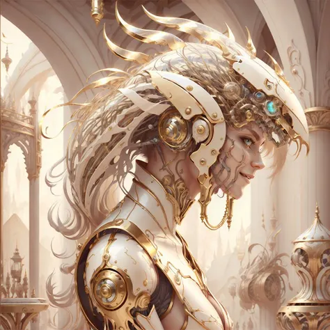 <lora:style_mechanimal:0.7>, <lora:style_ivorygold:1>, epic fantasy illustration, beautiful cyborg woman, ivory and gold, sexy, smile, sleek clean sci-fi