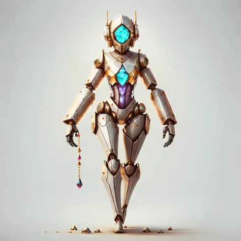 <lora:style_mechanimal:0.7>, <lora:style_gemstones:1>, epic fantasy illustration, , sexy, full body, cute female robot girl, sleek clean sci-fi, faceless, mask, gold and gemstones