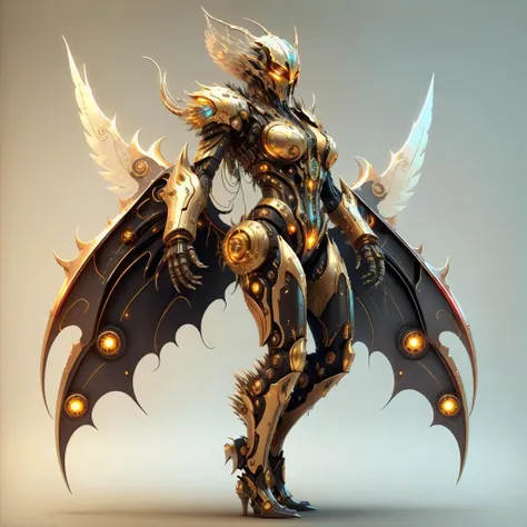 <lora:style_mechanimal:0.7>, <lora:style_ebonygold:1>, beautiful cyborg woman, evil smile, mechanical demon wings, (form below:0.8), clean sleek sci-fi, red glow