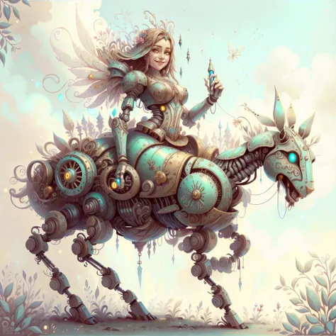 <lora:style_mechanimal:0.7>, <lora:style_fairytale:1>, epic fantasy illustration, beautiful female face, smile