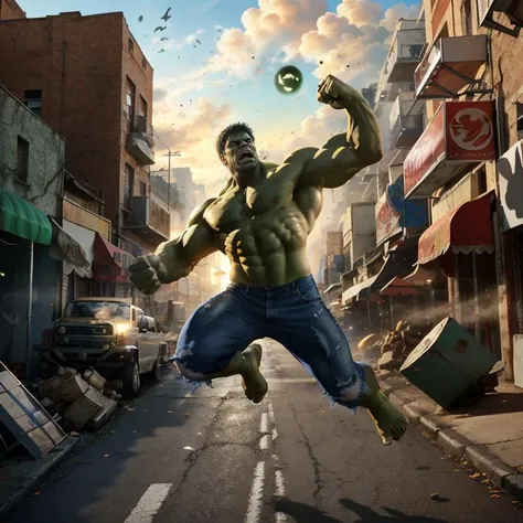 hulk, angry, photorealistic full-body shot, leaping through the air, streets, day, dynamic composition, dramatic lighting, intricate details, masterpiece, absurdres, best quality, realistic, Highest Quality, (diffused soft light), dramatic lighting, highly detailed photo <lora:hulk-000020:0.7>