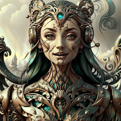 <lora:style_mechanimal:0.7>, <lora:style_artnouveau:1>, epic fantasy illustration, art nouveau, trim, intricate detail, boobs, beautiful female robot woman, clean sleek sci-fi, smile, looking at viewer