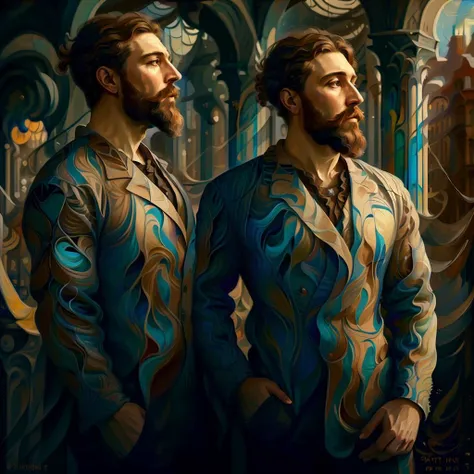 painting of 1 man in profile, impressionist, border of pillars, gazing across cityscape, unsmiling, wearing radiant suit,  ArtNouveauAI, <lora:ArtNouveauAI:1>, beard,