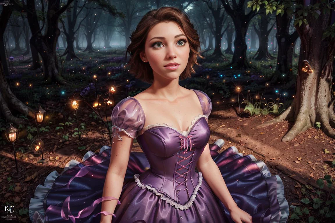 (RapunzelWaifu:1), tangled, (Purple dress:1), (short hair, brown hair, green eyes:1), ((green eyes)), (purple dress:1), short hair, messy hair, (long princess dress), bare feet, cartoony facial features, large round eyes, brown hair, (realistic:1.2), (masterpiece:1.2), (full-body-shot:1),(Cowboy-shot:1.2), light particles, magical forest background, neon lighting, dark romantic lighting, (highly detailed:1.2),(detailed face:1.2), (gradients), colorful, detailed eyes, (one person), (detailed landscape:1.2), (natural lighting:1.2),(detailed background),detailed landscape, (dynamic pose:1.2), (close shot), solo, <lora:RapunzelShortHair_Character-10:0.8> <lora:add_detail:0.3> <lora:hipoly3DModelLora_v10:0.05> <lora:RSERomantic_RSESofiko_RSEEmma-v1:0.1>