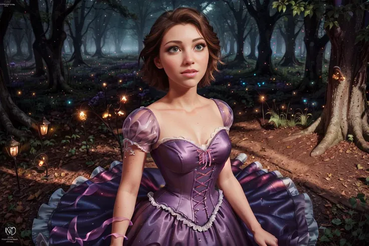 (RapunzelWaifu:1), tangled,  (Purple dress:1), (short hair, brown hair, green eyes:1), ((green eyes)), (purple dress:1), short hair, messy hair, (long princess dress), bare feet, cartoony facial features, large round eyes, brown hair, (realistic:1.2),  (masterpiece:1.2), (full-body-shot:1),(Cowboy-shot:1.2), light particles, magical forest background, neon lighting, dark romantic lighting, (highly detailed:1.2),(detailed face:1.2), (gradients), colorful, detailed eyes, (one person), (detailed landscape:1.2), (natural lighting:1.2),(detailed background),detailed landscape, (dynamic pose:1.2), (close shot), solo, <lora:RapunzelShortHair_Character-10:0.8> <lora:add_detail:0.3> <lora:hipoly3DModelLora_v10:0.05>  <lora:RSERomantic_RSESofiko_RSEEmma-v1:0.1>