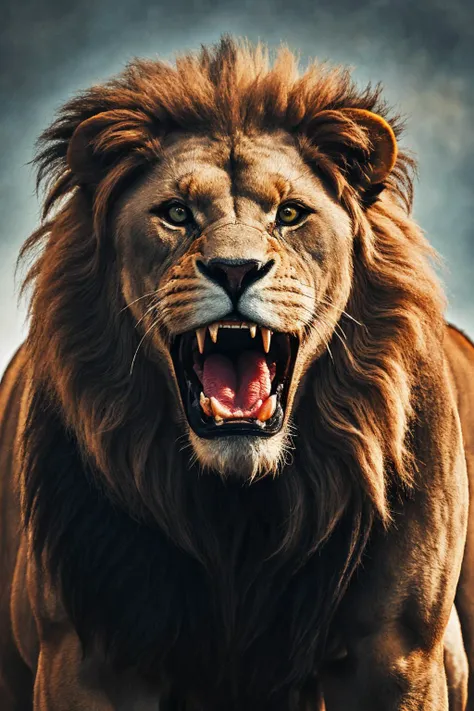 close-up photo portrait of a great red lion, blue eyes, very long lion's mane, roaring, open mouth, fangs, animal, no humans, simple background