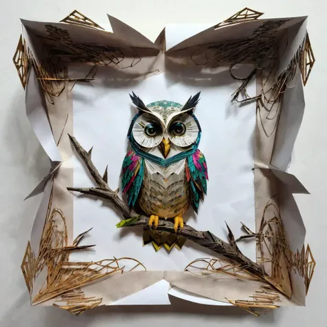 RAW photo, 8k uhd, Analog style, (Masterpiece, Best Quality, Highres:1.3), dramatic, cinematic, (paper-cut craft:1.3), BREAK,
intricate (paper-cut craft:1.4) of mysterious intricate ornamented (owl:1.4), (beige square photo-frame:0.7), circle mask, (forest, mountain:1.3), (winter, moon:0.5), (green, blue, brown, white:1.1), (black, gold:0.8), (paper-cut craft, colorful, layers, flat, fabulous, children's book:1.2), cardboard, bronze, (hyperdetailed, absurdres:1.1), BREAK,
<lora:more_details:0.1>
