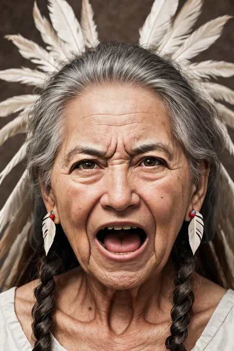 close-up photo portrait of a 100 yo old native american woman, grey hair, brown eyes, screaming face expression, twin braids, warbonnet, feathers, tribal, simple background
