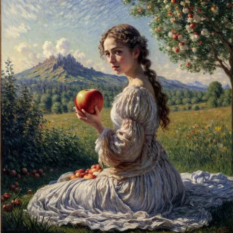 RAW photo, 8k uhd, Analog style, (Masterpiece, Best Quality, Highres:1.3), dramatic, cinematic, BREAK,
(oil painting:1.3) by (Peter Paul Rubens:1.2) and (Claude Monet:1.2) of (corpulent:1.1) (woman:1.2) sitting in (garden of Eden:1.2), (holding apple:1.2), white (chiton:1.2), (apples:1.3), (trees:1.2), (ancient:0.5) (ruins:1.05), cute face, blue eyes, braids, (flower wreath:1.1), (bed sheet:1.15), (godrays:1.2), (shine:1.1), (mountain:1.1), (fluffy cloud:1.2), (painting, renaissance, romanticism scene:1.12), (hyperdetailed, absurdres:1.1), BREAK,
<lora:more_details:0.85>,