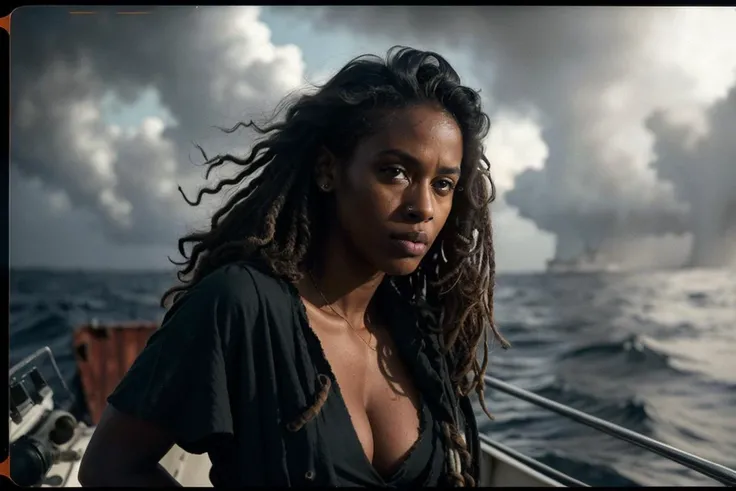 Step-by-step, highest quality, eye-level shot, dark cinematic film still, of (captivating WOMAN somali pirate, wearing torn t-shirt, black skin), (standing on the deck of a modern cargo ship, in the gulf of Aden), vivid details, bleak atmosphere, toned body, ordinary breasts, (perfect face), alluring eyes, (highly detailed skin), [skin macro], grimy, (stormy weather:0.7), rough seas, natural lighting, (crepuscular rays:0.7), 8mm film grain, photographed on a Canon EOS R5, 120mm lens, F/4 aperture, sharp focus, medium depth of field, (highly detailed, intricately detailed), (RAW), 8k, (still from Captain Phillips), directed by Christopher Nolan, (full body)