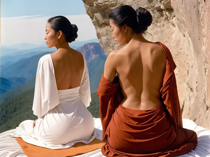 (35mmstyle:1), (rear angle), raw, film still, (vintage photo of a alluring Tibetan female monk with elegant updo hair), (her back facing the camera, meditating on a large rock:1.2), (wearing a simple tight fitting transparent robe), (detailed skin), smooth and tanned, her muscles are toned and well-defined, her breath slow and steady, pretty feet, big butt,
BREAK
She is on a mountain, overlooking a vast and beautiful landscape, the sun is setting in the distance, casting a warm glowing light that highlights her perfect figure, the sky ablaze with color, clouds are painted in shades of pink and orange, (surrounded by nature:0.9), peaceful,
BREAK
(Her ass is full and round, perfectly framed by her white robe),
Kodak Portra 400, c-41 process, MGM metrocolor, 35mm F/2 cine lens, film-like, (film grain:1.2), full body, (from behind), back view, in lomostyle