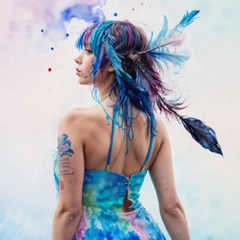RAW photo, 8k uhd, Analog style, (Masterpiece, Best Quality, Highres:1.3), dramatic, cinematic, BREAK,
(watercolor painting:1.4) by (Agnes Cecile:1.2) of (slim:1.1) indian (girl:1.2) upper body from behind, (sundress made of feathers:1.3), cute face, (dynamic pose:1.1), (eyes:0.8), looking up, ((very long:1.1) flying blue hair:1.2) with (purple:1.1) (feather:1.4), (tattoo:1.3), (clouds, mountain, field:0.8), wind, ((colorful:1.1) watercolor blots background:1.3), (soft colors, fluid strokes, transparent layers:1.3), (hyperdetailed, absurdres, sketch:1.1), BREAK,
<lora:more_details:0.7>,