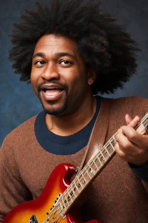 close-up photo portrait of a 45 yo african man, black afro hair, stubble, brown eyes, excited face expression, singing, red bass guitar, blue sweater, black bluesman, simple background