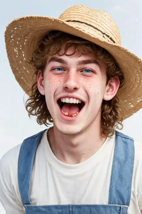 close-up photo portrait of a 20 yo european man, blond short curly hair, blue eyes, laughing face expression, freckles, denim overall, t-shirt, straw hat, farmer, simple background