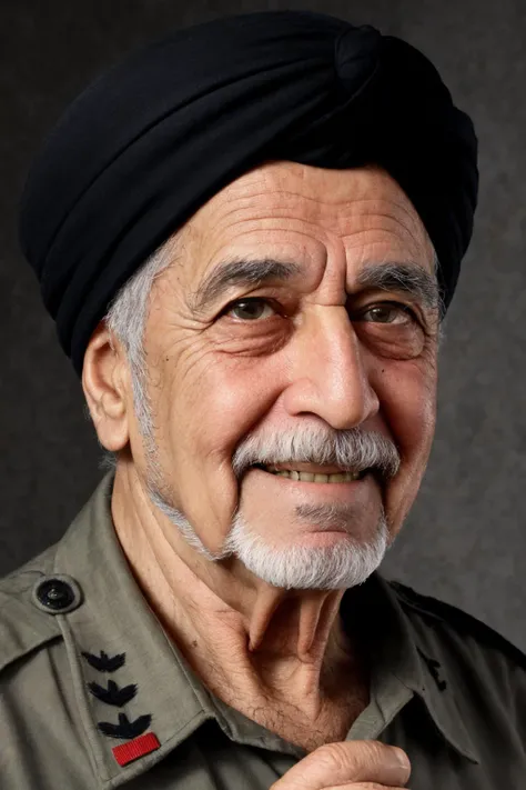 close-up photo portrait of a 80 yo aged Arab man, short grey hair, beard, black eyes, joyful face expression, turban, holding ak-47, military, simple background