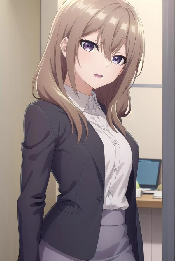 shiorikatase, <lora:shiorikatase-lora-nochekaiser:1>,
shiori katase, long hair, brown hair, hair between eyes, (purple eyes:1.1), light brown hair, <lora:smirkingmouth_v100:1>, <lora:smirkingeye_v100:1>, open mouth,
BREAK skirt, shirt, black skirt, formal, suit, pencil skirt, office lady, business suit,
BREAK looking at viewer, (upper body:1.5), full body, (cowboy shot:1.5),
BREAK indoors, office,
BREAK <lyco:GoodHands-beta2:1>, (masterpiece:1.2), best quality, high resolution, unity 8k wallpaper, (illustration:0.8), (beautiful detailed eyes:1.6), extremely detailed face, perfect lighting, extremely detailed CG, (perfect hands, perfect anatomy),