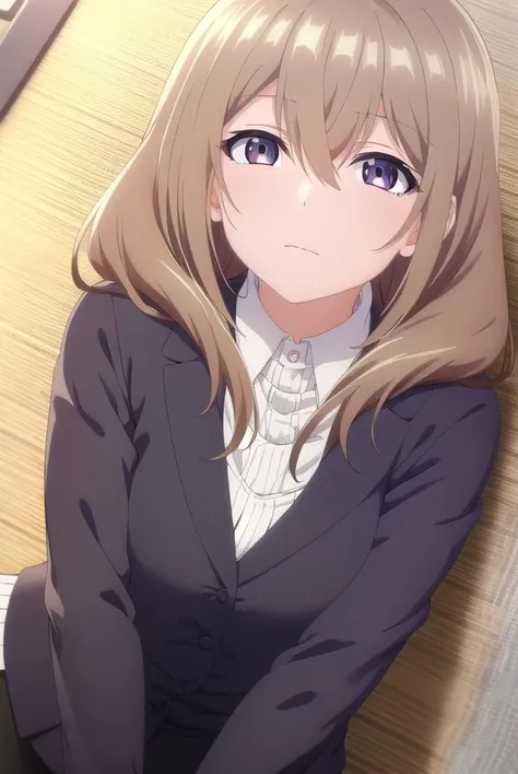shiorikatase, <lora:shiorikatase-lora-nochekaiser:1>,
shiori katase, long hair, brown hair, hair between eyes, (purple eyes:1.1), light brown hair,
BREAK skirt, shirt, black skirt, formal, suit, pencil skirt, office lady, business suit,
BREAK looking at viewer, (upper body:1.5), full body, (cowboy shot:1.5),
BREAK indoors, office,
BREAK <lyco:GoodHands-beta2:1>, (masterpiece:1.2), best quality, high resolution, unity 8k wallpaper, (illustration:0.8), (beautiful detailed eyes:1.6), extremely detailed face, perfect lighting, extremely detailed CG, (perfect hands, perfect anatomy),