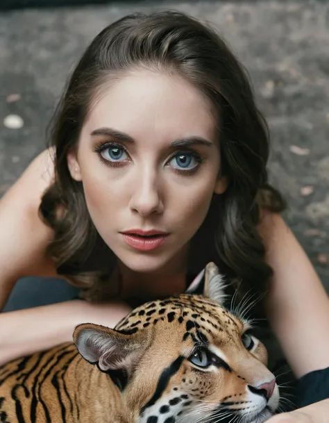 alison brie,21 year old college student,petting a sleek, beautiful jaguar cat, spots, brilliant eyes ,(wxalibri:1.1),<lora:annieXL_0.0001_32_4212_9:0.96>,photorealistic,masterpiece,best quality,(intricate details),highly detailed eyes,seductive, smoldering, temptress,unique pose,dynamic pose,35mm,anamorphic,lightroom,cinematography,film grain,HDR10,8k hdr,Steve McCurry,((cinematic)),RAW,color graded portra 400 film,remarkable color,raytracing,subsurface scattering,hyperrealistic,extreme skin details,skin pores,deep shadows,contrast,well lit,,,,,<lora:NsfwPovAllInOneLoraSdxl-000009:0.51>,,,