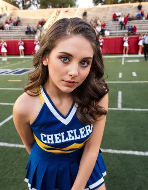 alison brie,cute 18 year old college student teasing in sexy blue cheerleader uniform, football game, "GCC" logo,(wxalibri:1.1),<lora:annieXL_0.0001_32_4212_9:0.92>,photorealistic,masterpiece,best quality,(intricate details),highly detailed eyes,coy, innocent, suggestive look, knowing glance,<lora:NsfwPovAllInOneLoraSdxl:0.51>,unique pose,dynamic pose,35mm,anamorphic,lightroom,cinematography,film grain,HDR10,8k hdr,Steve McCurry,((cinematic)),RAW,color graded portra 400 film,remarkable color,raytracing,subsurface scattering,hyperrealistic,extreme skin details,skin pores,deep shadows,contrast,porn photoshoot,well lit,