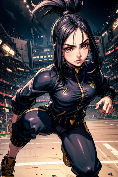 thick outlines, comics, photorealistic, perfect hands, masterpiece:1.2, training field, gym, 1girl, dynamic pose, <lora:dendra by Goofy Ai:1>, dendra pokemon, track jacket, track pants, sidelocks, black jacket, medium breast, detailed background, detailed face, detailed eyes, <lora:add_detail:0.8>