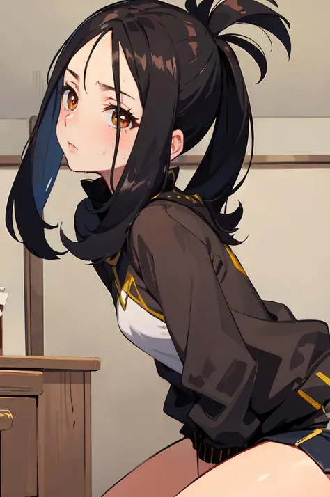 ultra detailed, masterpiece, best quality, solo, leaning forward, hands on own knees, sweat, heavy breathing, from side, <lora:dendra_pokemon:1> dendra pokemon, dendra (pokemon), brown eyes, black hair, sidelocks,