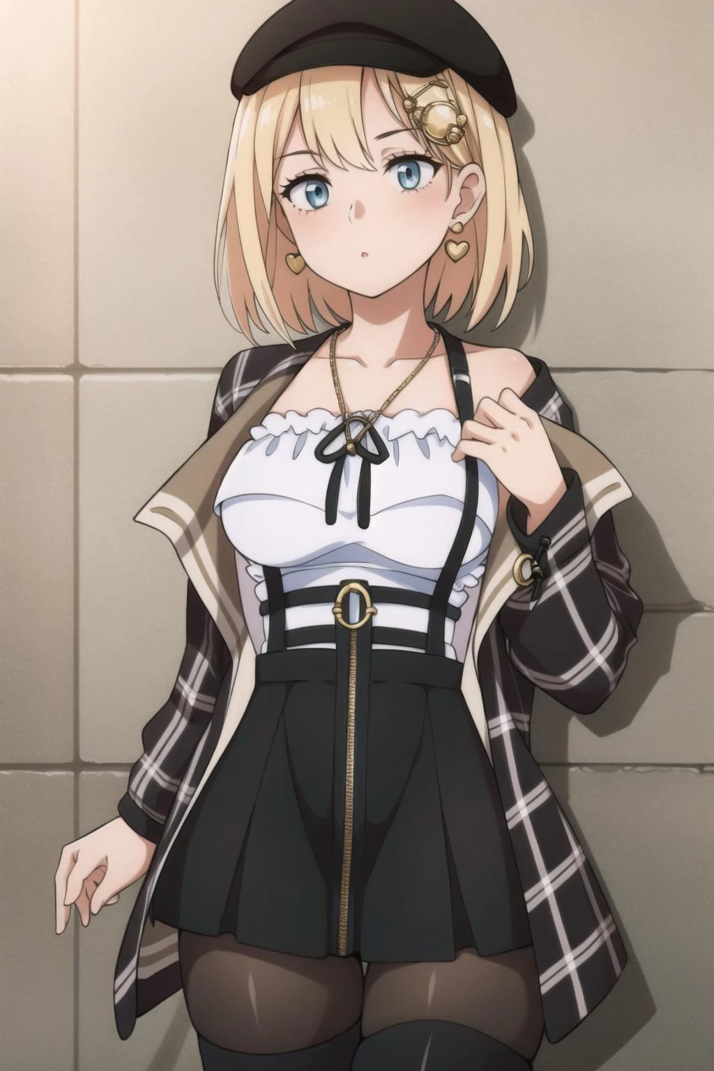 best quality, intricate details,
<lora:ameliaWatsonHololive_v2AllOutfits:0.8> amelia watson, monocle hair ornament,, thighhighs, amelia_casual, frilled shirt, collarbone, black skirt, pantyhose, (amelia_casual accesories:0) suspender skirt, zipper pull tab, brown headwear, plaid jacket, heart earrings, key necklace,
<lora:aisWallenstein_v1:0.8> aiz wallenstein, 1girl,