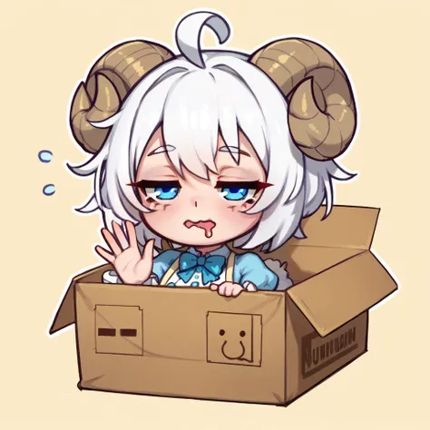 score_9, score_8_up, score_7_up, BREAK <lora:chibi_box_b0xe_v2.1:1> b0xe,in box,chibi,cardboard box, 1girl, blue eyes, white hair, short hair, ahoge, messy hair, sheep horns, sheep girl, bowtie, light blue dress, frills, puffy sleeves, waving, sleepy, drool, half closed eyes