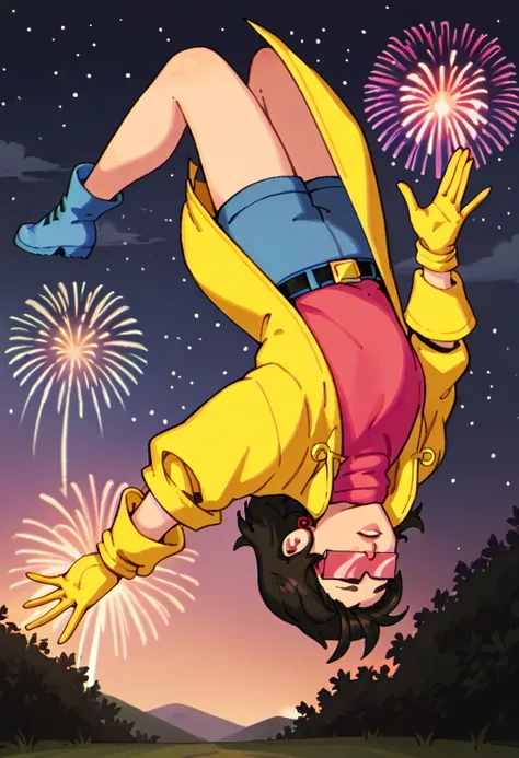 score_9, score_8_up, score_7_up, score_6_up BREAK clamJBLee97, cJsunglasses, yellow coat, yellow gloves, pink shirt, turtleneck, blue shorts, belt, blue boots, earrings,upside-down, backflip,fireworks,night sky <lora:Backflip_XLPD:1.1> <lora:clamJubilee_xmen97PDXL:0.8>