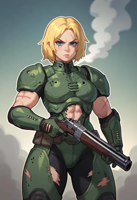 score_9, score_8_up, score_7_up, score_6_up BREAK solo, <lora:doomguy-v1_pdxl:0.8> doom girl,armor, blonde,serious,torn clothing,holding shotgun,serious,dramatic angle,scars,wild hair,smoke